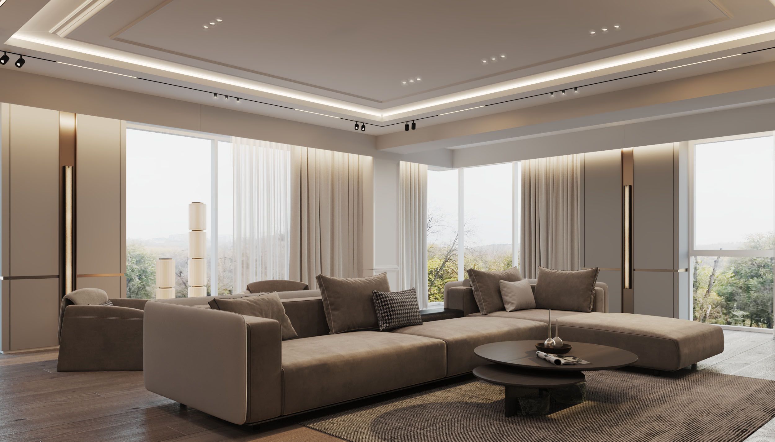 Living room of the suite, looking toward the trees