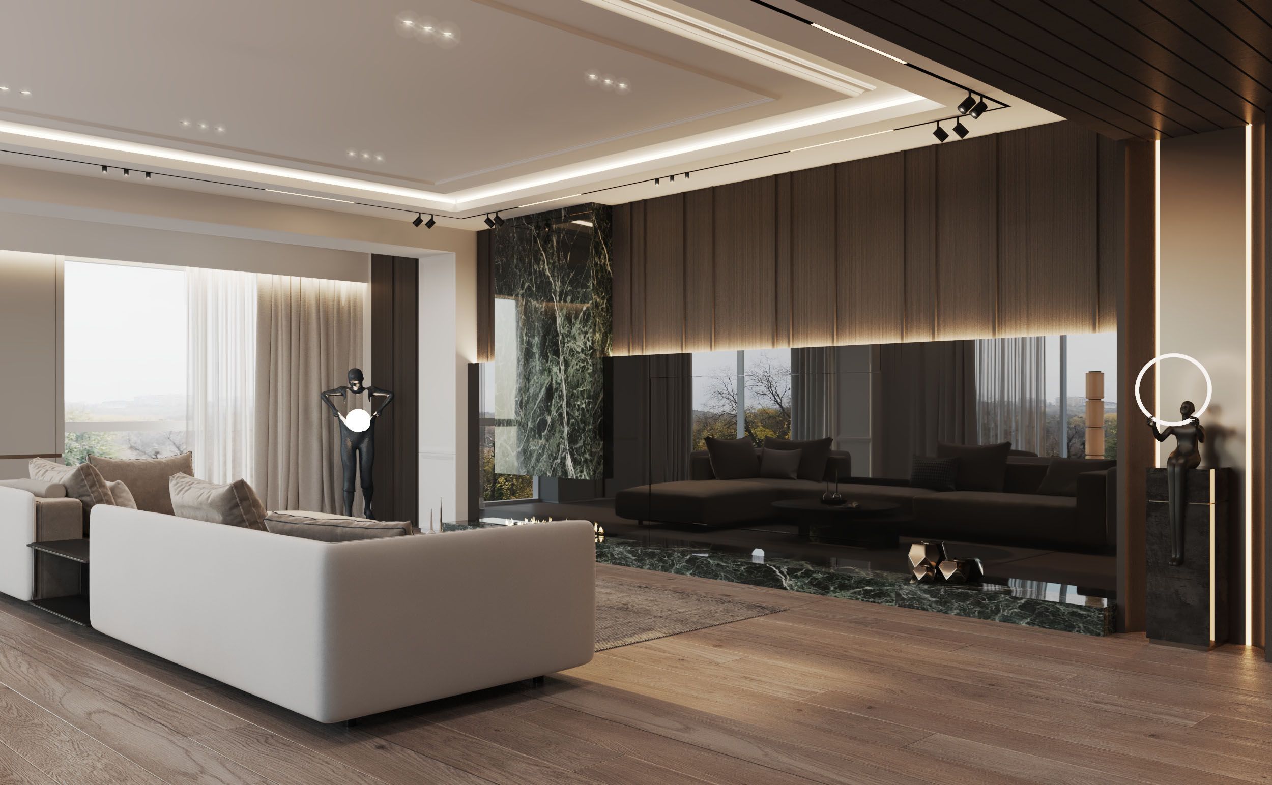 Lounge seating beneath cloud chandeliers and paper lanterns