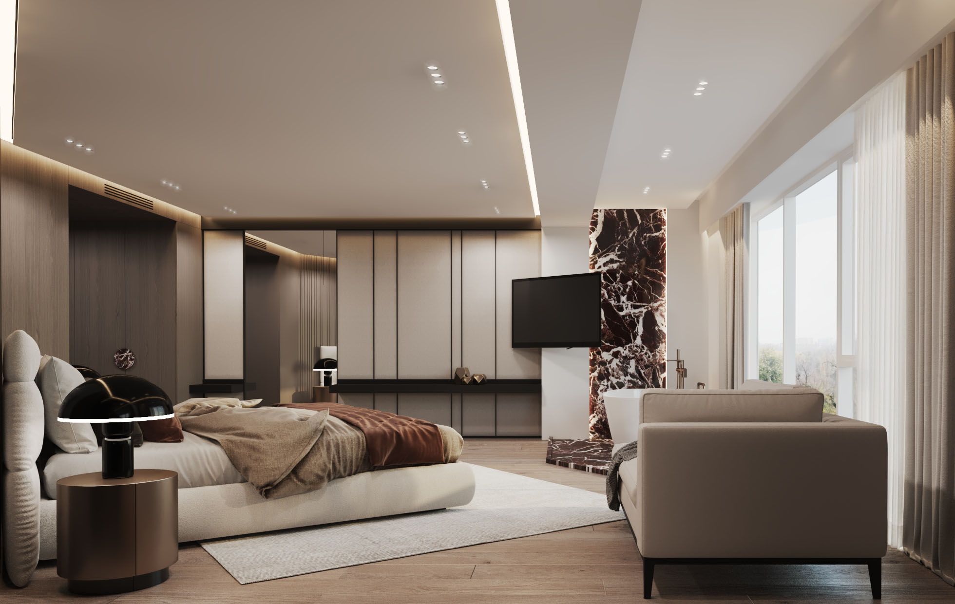 Bedroom with a freestanding bath and the forest beyond